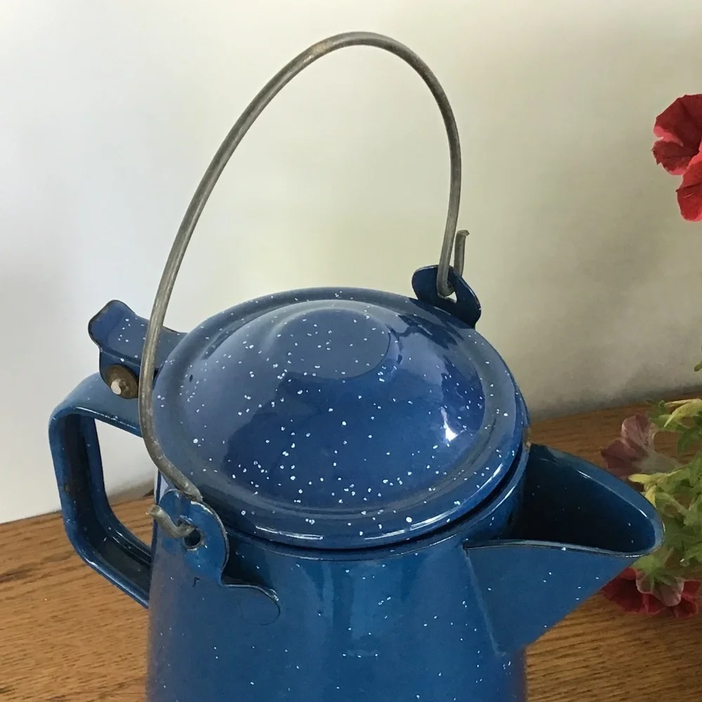 Vintage Blue Speckled Enamel Coffee Pot Kettle Camping Rustic Farmhouse